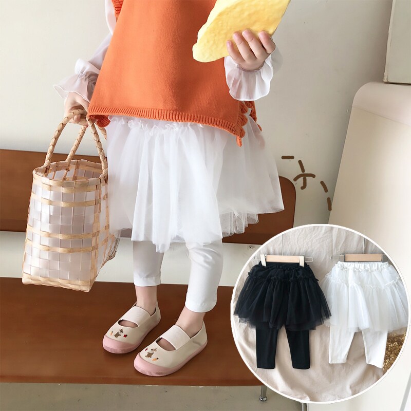Children's online dress pants 2021 spring and autumn girls fake two fluffy dress inside lap pants Korean version Baby polo pants