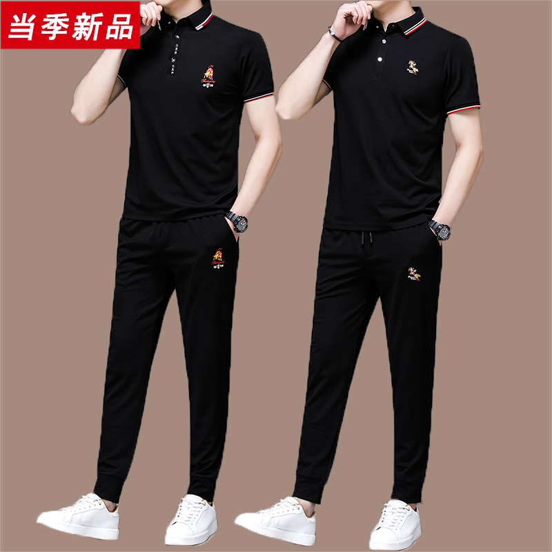 Pierre Cardin Summer Suit Men's New High-End Brand Sports Casual Short-Sleeved T-Shirt Ice Silk Pants Two-Piece Set