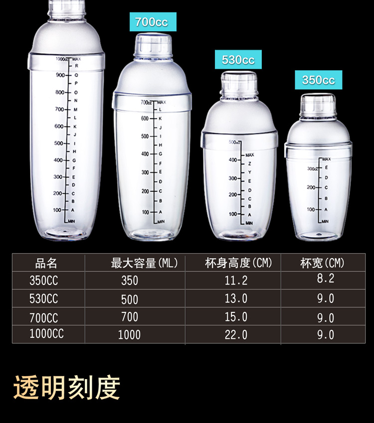 PC雪克杯摇杯带刻度调酒器雪克壶套装摇酒器奶茶店用品树脂雪克壶详情24