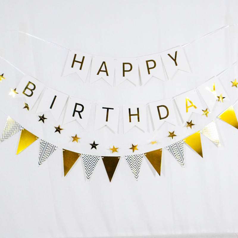 Happy birthday Decorative Letter Labanner Fish Tail Flag Pull Bar Scalding Gold Triangle Flag Baby Children's Birthday Party Arrangement