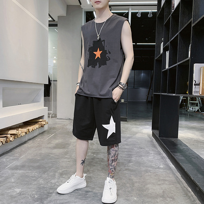 韩版无袖T恤男纯棉ins夏季篮球无袖背心运动潮牌宽松汗衫坎肩套装