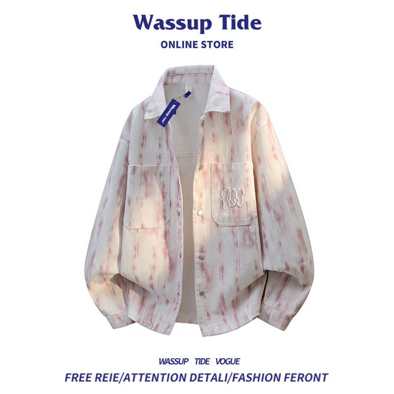 Wassup Tide Spring and Autumn New Light Luxury Tie-Dye Denim Jacket for Men, Versatile Loose Fit Couple's Turn-Down Collar Coat