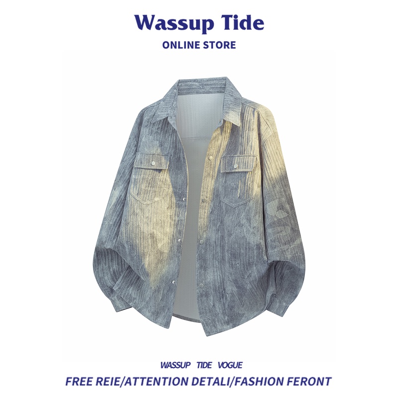 Wassup Tide Spring and Autumn Plus Size Jacket Men's Turn-Down Collar Shirt Men's Long Sleeve Tie-Dye Oversized Coat