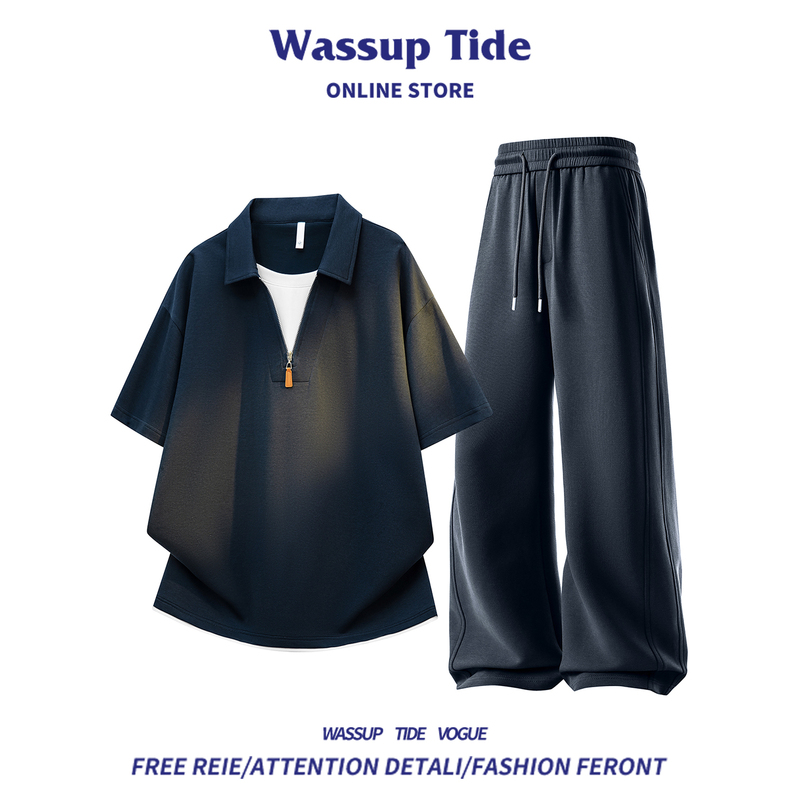 Wassup Tide Trendy Brand Fake Two-Piece Short-Sleeved Polo Shirt and Pants Set for Men, Summer Casual Sports Two-Piece Set