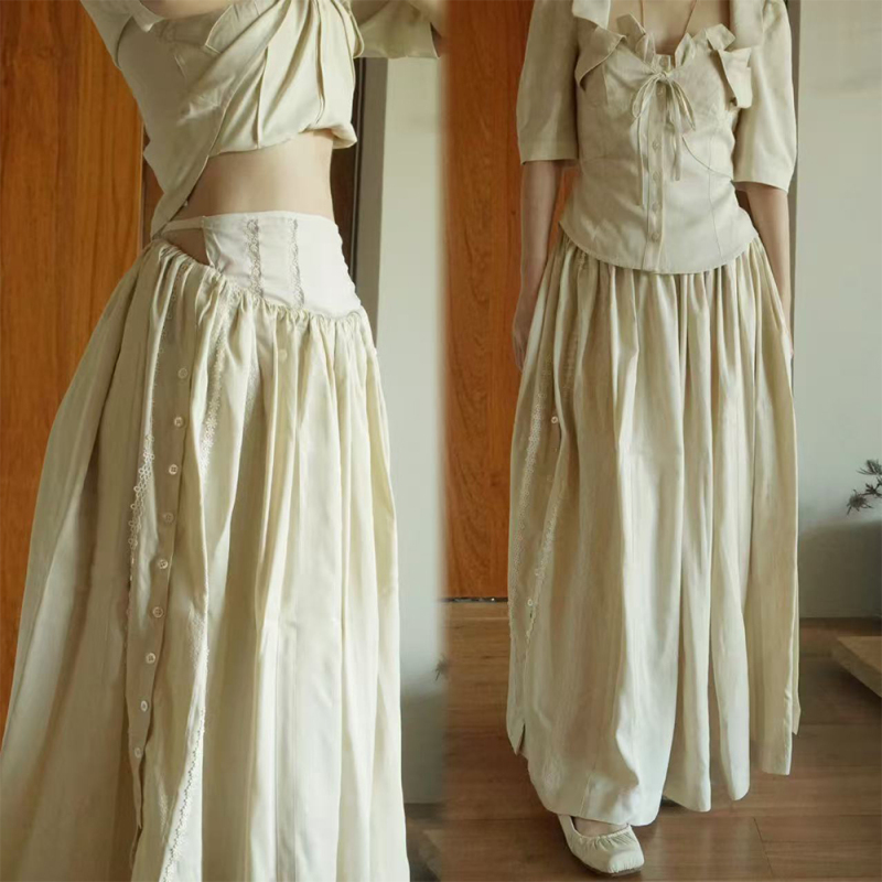 Mimichi Beige Lace Drawstring Design with Shell Button Splicing Long Skirt