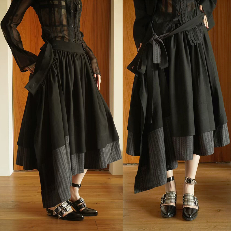 Mimichi Black Patchwork Lace Print One-Piece Deconstructed Skirt