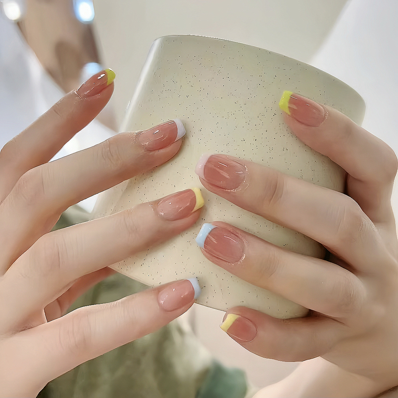 Dopamine-Colored French Gradient Press-On Nails, Finished Nail Art, Fake Nails, Removable, High-End, Handmade