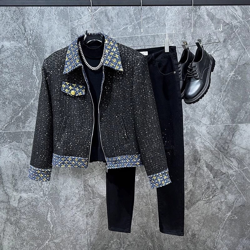 Tweed Sequin Color-Block Chanel-Style Jacket for Men, Autumn and Winter, High-End Starry Shiny Jacket, Trendy Top