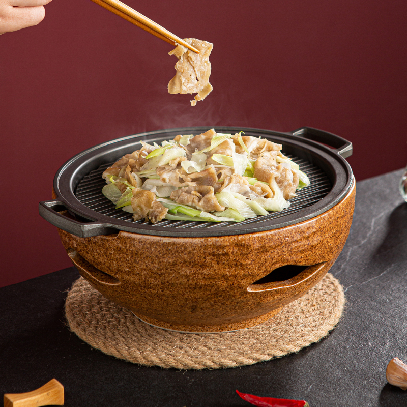 Chinese-Style Rustic Ceramic Grill Hotel Grilled Lamb with Scallions, Barbecue Plate, Restaurant Specialty Candle-Warming Tableware Chinese-Style Rustic Ceramic Grill Hotel Grilled Lamb with Scallions, Barbecue Plate, Restaurant Specialty Candle-Warming Tableware