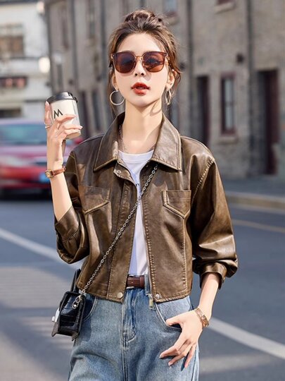 Leather jacket for women 2025 new style Hong Kong style design spring and autumn motorcycle leather jacket small short top