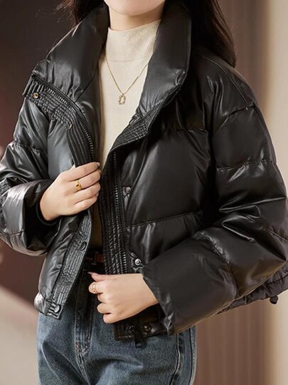 High-end down jacket women's short PU leather jacket 2025 winter new style loose casual top no wash