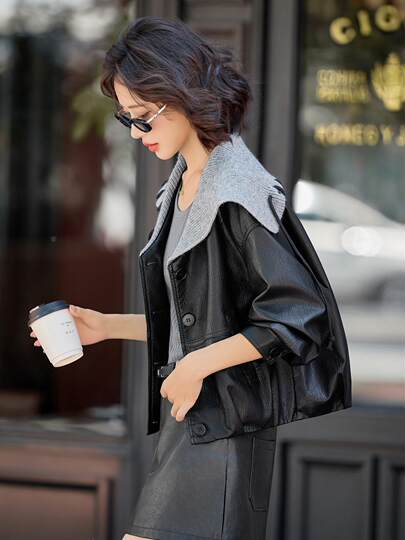 Velvet large lapel leather jacket women's short 2025 autumn and winter new style high-end jacket small loose top