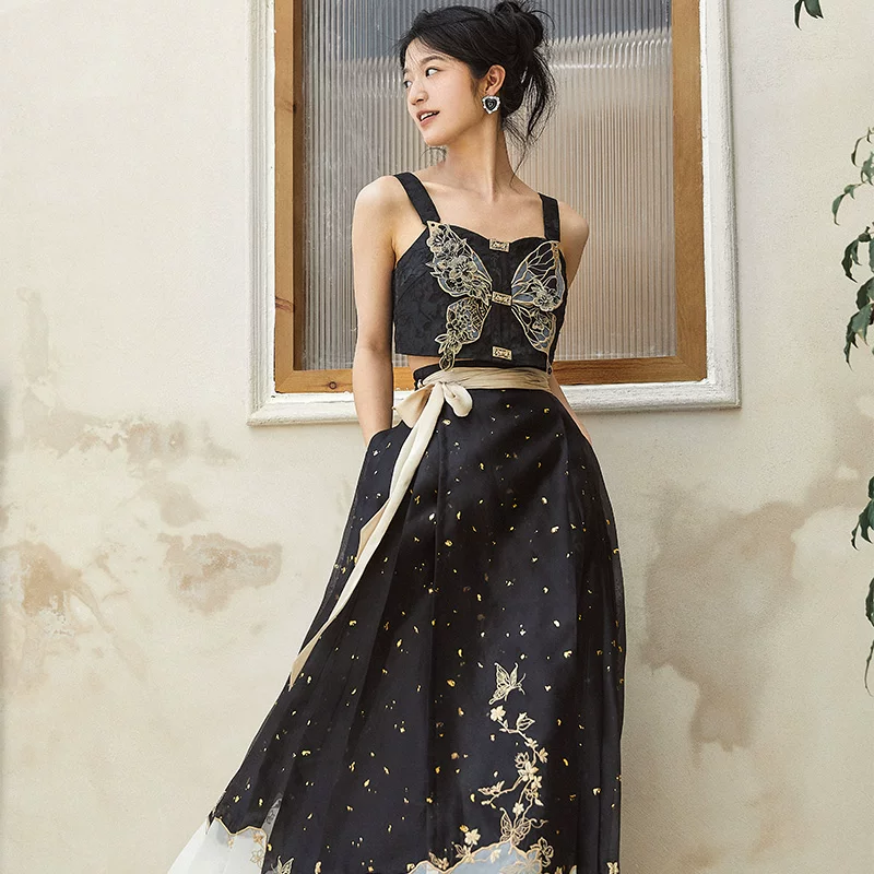 蕴锦 [Golden Butterfly Breaking Dawn] Improved Hanfu with Han elements and clear main waist, vertical collar, double-breasted top, one-piece horse-faced skirt