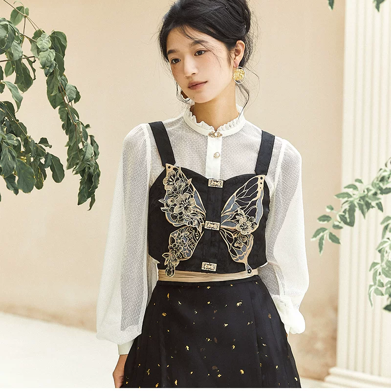 蕴锦 [Golden Butterfly Breaking Dawn] Improved Hanfu with Han elements and clear main waist, vertical collar, double-breasted top, one-piece horse-faced skirt