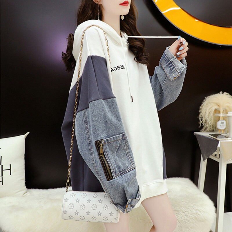Denim stitching thick T-shirt women's spring and autumn thin section 2022 new Korean version loose and lazy wind long-sleeved fleece top women's