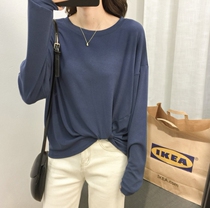 Korean version of solid color hem knotted T-shirt women's 2021 new long sleeve crew neck Joker loose slim jacket bottoming shirt