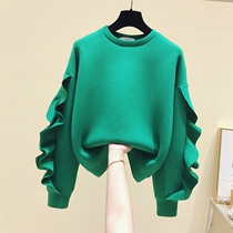 Lotus Leaf Side Sweatshirt Lady 2021 Fall Loose Round Collar 100 Hitch Set Head Green Jacket Ins Tide Blouse Women