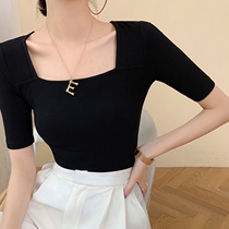 Ice Silk Knit T-Shirt Woman Summer 2022 New South Korea Sashimi Slim Square Collar 100 Hitch Black Short Sleeve Blouse