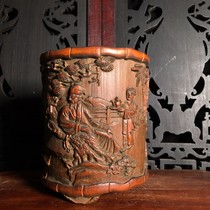 Bamboo carving pine tree character pattern pen holder stationery supplies exquisite workmanship patinated old-fashioned retro nostalgic practical collection