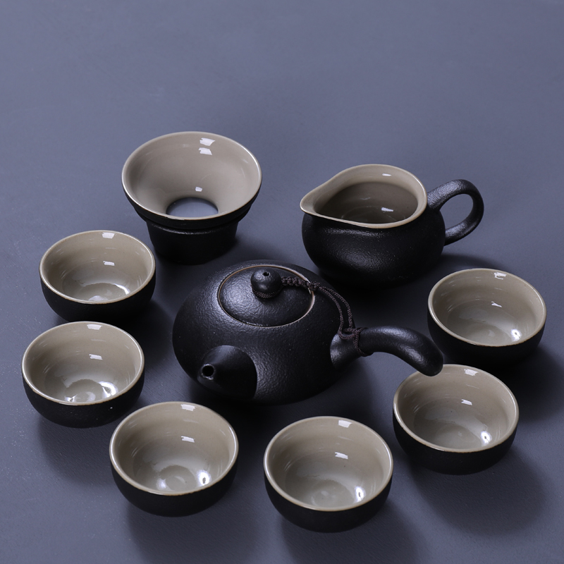 Poly real (sheng kung fu tea set of black suit coarse pottery Japanese home office tea tureen teapot teacup sea black zen
