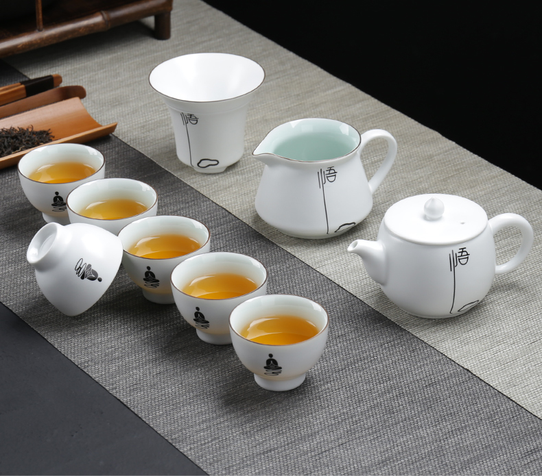 Ceramic kung fu tea set home fat white porcelain up with inferior smooth creative teapots GaiWanCha sea cups)