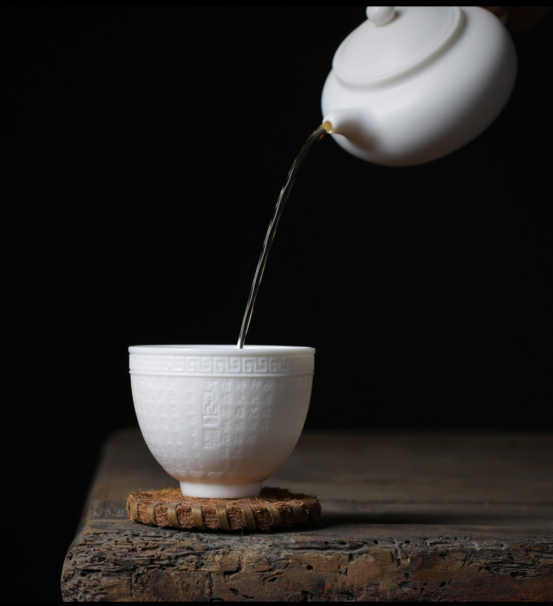 Dehua suet jade white porcelain cup tea masters cup ceramic tea cup gift boxes embossed heart sutra ave cup