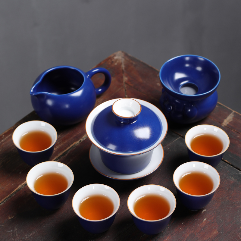 Ceramic kung fu tea set suit household Chinese wind Chinese tea cups lid bowl sitting room tea, tea tray