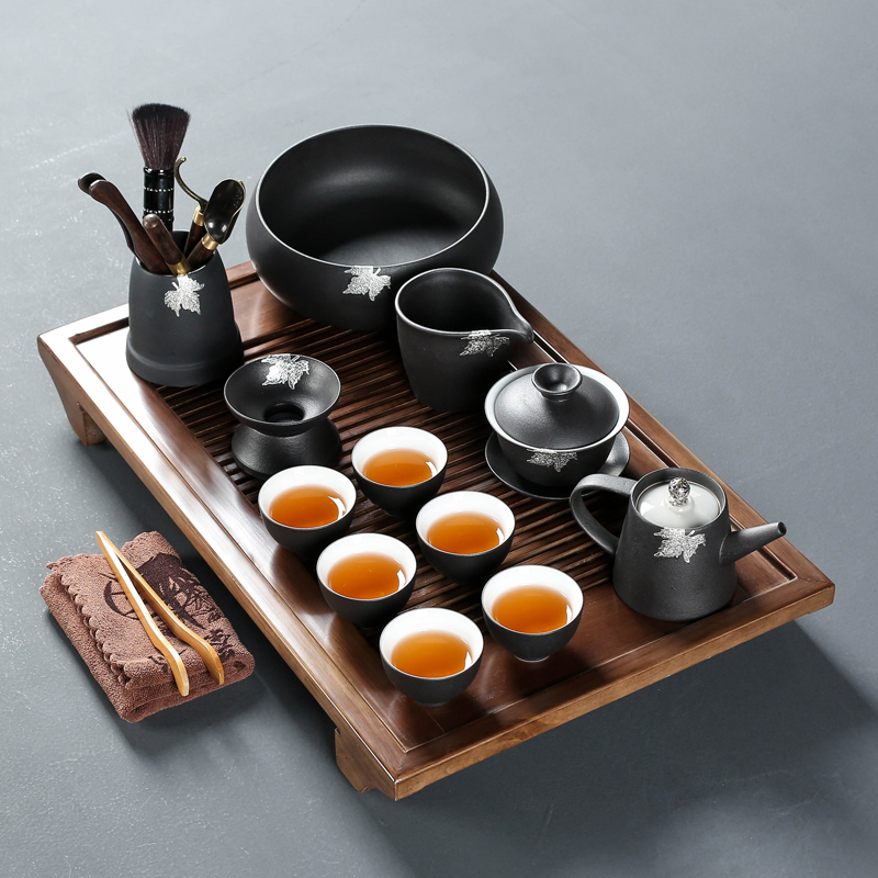 Poly real (sheng ceramic tea set suit household kung fu tea set suit sharply stone solid wood tea tray was I and contracted office