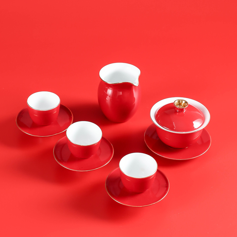 Bright red glaze is festival modern marriage kung fu tea sets the teapot teacup ceramic business gift box in the new home