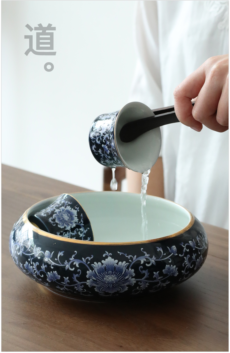 Blue and white porcelain ebony wood tea six gentleman 's suit kung fu tea accessories zero matchs tea ChaGa wipes brush