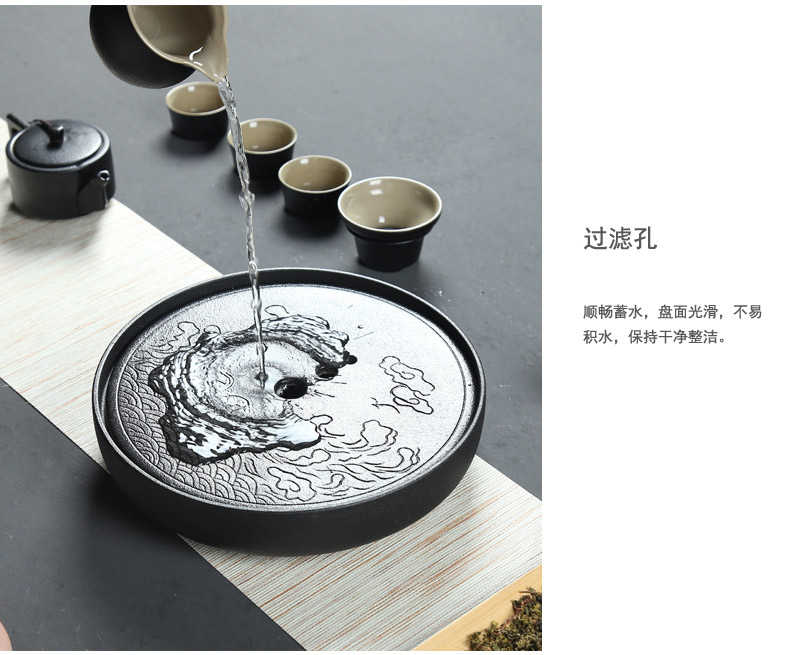 Poly real (black ceramic tea sets, super large zen circular embedded dry Taiwan tea tea sea ceramics kung fu tea tray