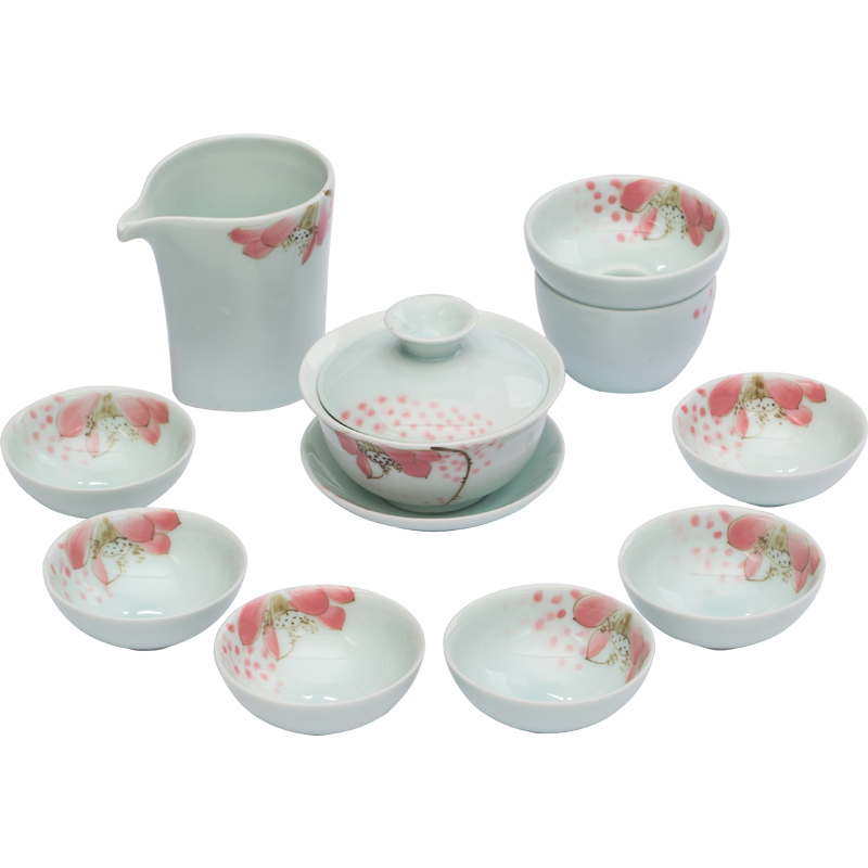 Jingdezhen hand - made celadon kung fu tea set home lotus ceramics suit of a complete set of blue and white porcelain cup teapot