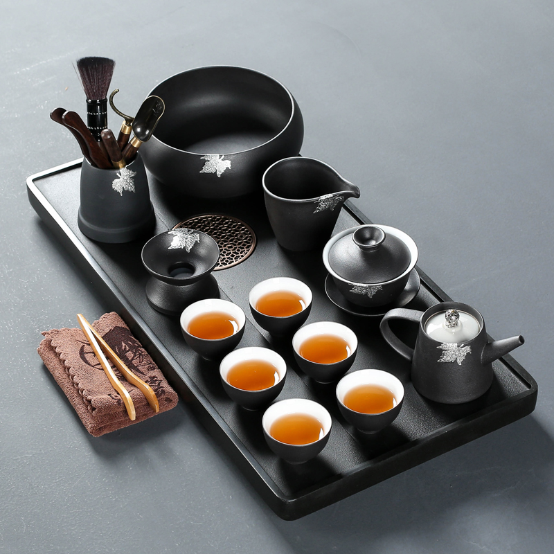 Poly real (sheng ceramic tea set suit household kung fu tea set suit sharply stone solid wood tea tray was I and contracted office