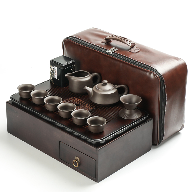 Large Multifunctional Storage Box Tea Tray Japanese Style Purple Clay Kung Fu Tea Set Travel Portable Leather Bag Gift