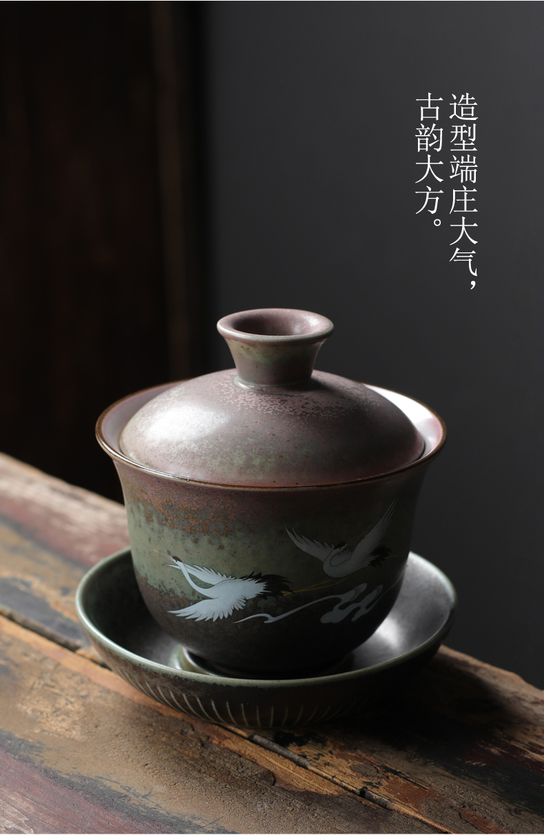 Large capacity as only three tureen Large bowl with Japanese hand - made cranes coarse pottery tea cups kung fu tea set