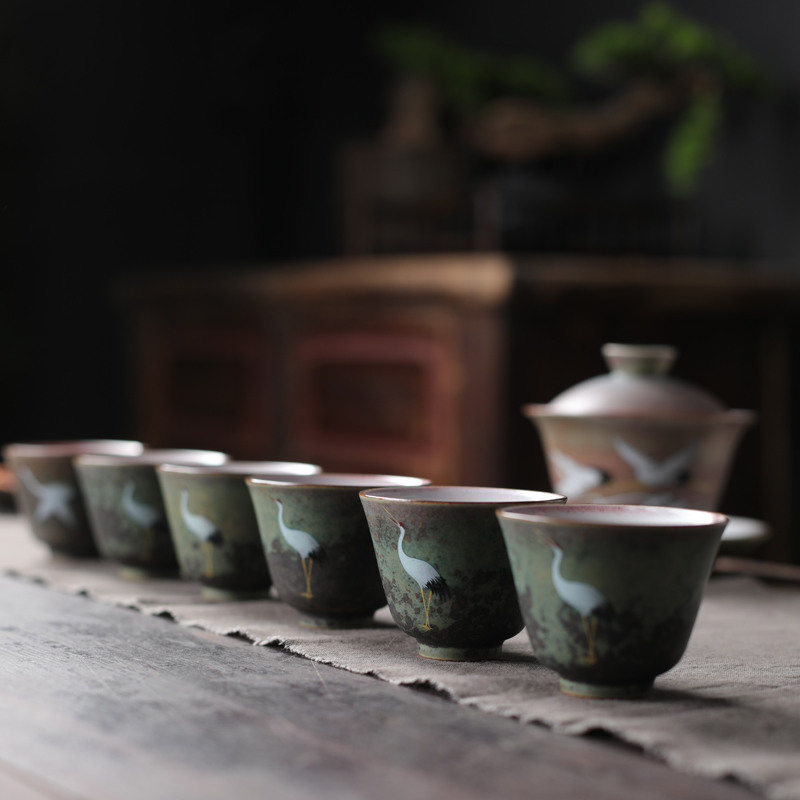 Archaize renewal only three tureen large bowl with a Japanese tea taking hand - made cranes coarse pottery tea cups kung fu tea set