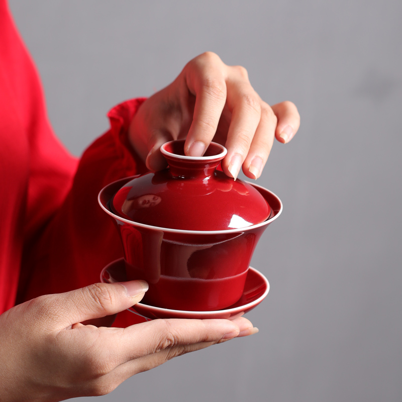 Ceramic teapot with little teapot single pot of kung fu tea set of the handle side to just tureen lid bowl three red wedding