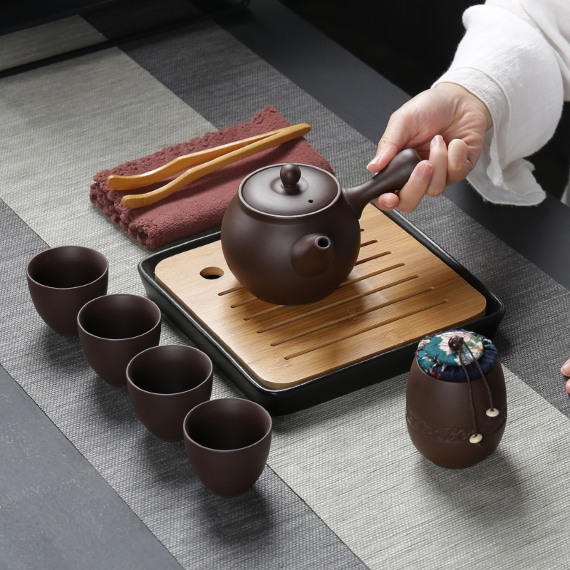 Poly real (sheng large capacity travel purple sand tea set suit portable package household contracted Japanese tea tray is suing a pot of four cups