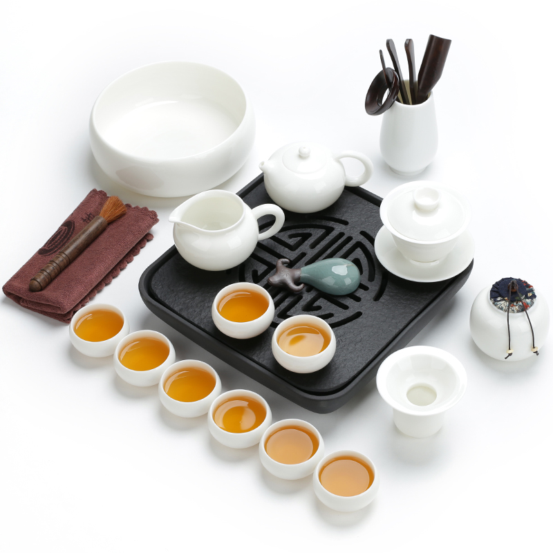 Tea set dehua white porcelain kung fu Tea set home sharply stone Tea tray of a complete set of Tea ware ceramic lid bowl