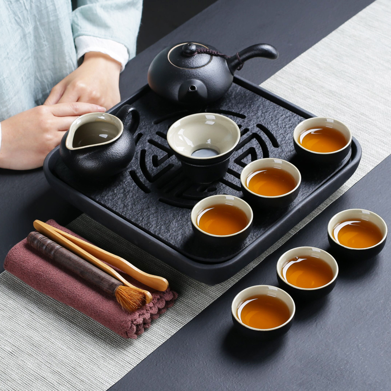 Poly real (sheng tea set household contracted Japanese kung fu tea set of black ceramic teapot teacup black sharply stone tea tray