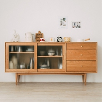 Nordic Solid Wood Dining Side Cabinet Glass Lockers Mobile Door Day Style Tea Water Cabinet Cupboard Cupboard minimalist Large Containing Cabinet