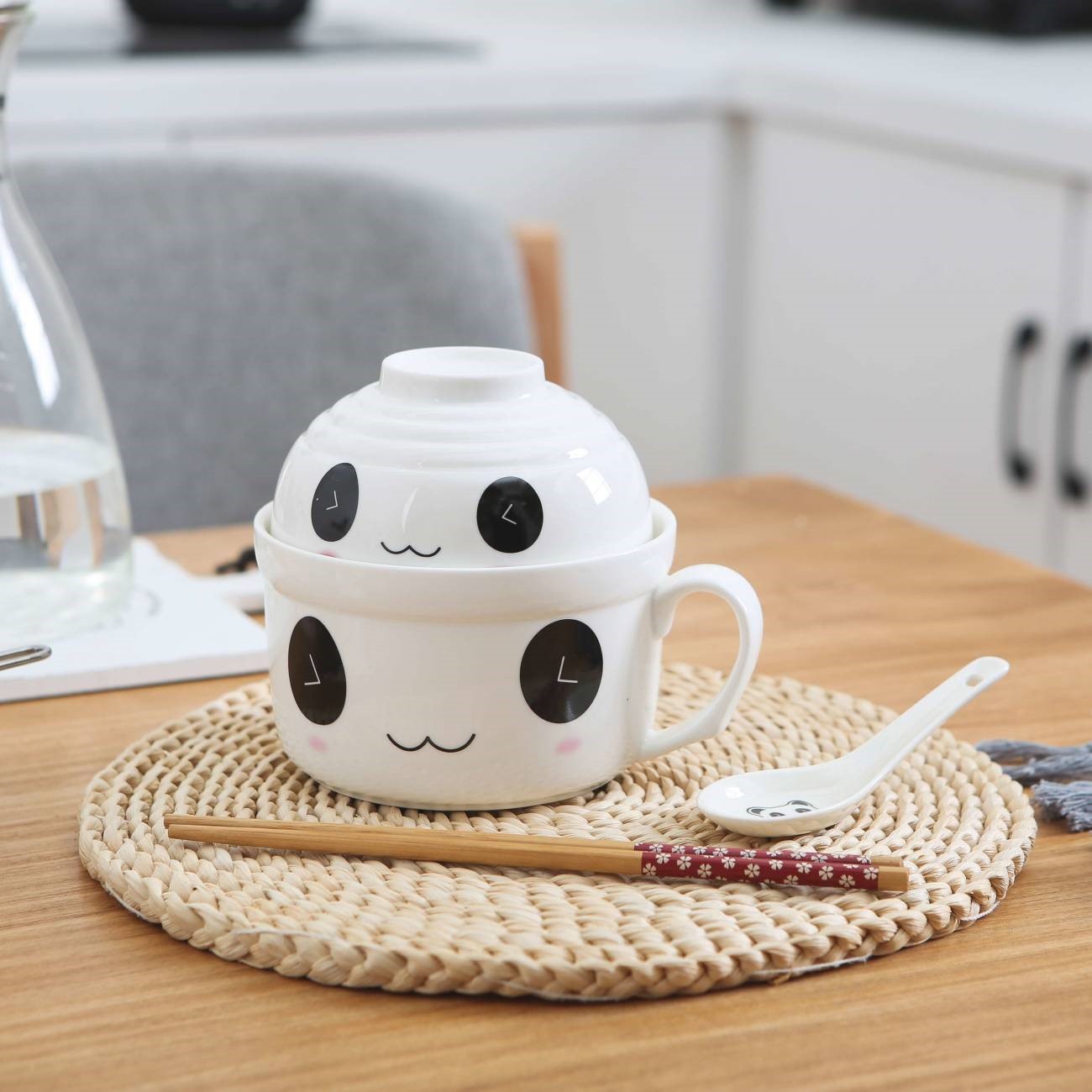 The Japanese large soup bowl kitchen lovely creative cartoon cup noodles take over rice bowl chopsticks household ceramics tableware suit