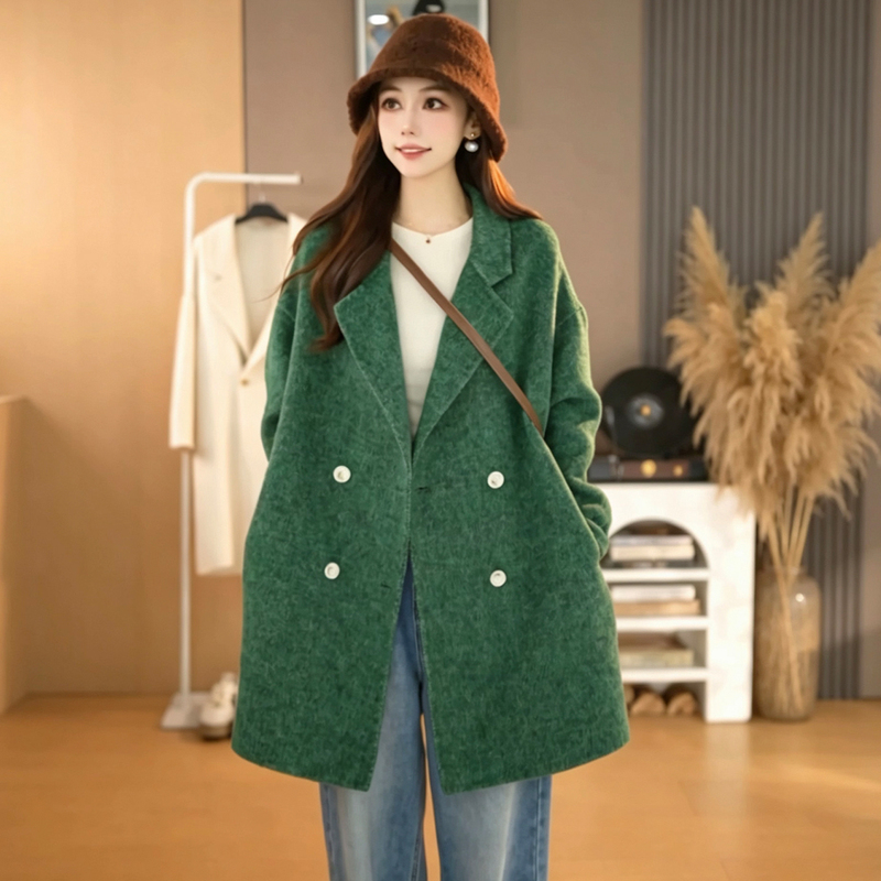 Unique and Exquisite Double-Sided Wool Coat for Women, Mid-Length Minimalist Suit-Style, Petite Green Woolen Woolen Coat