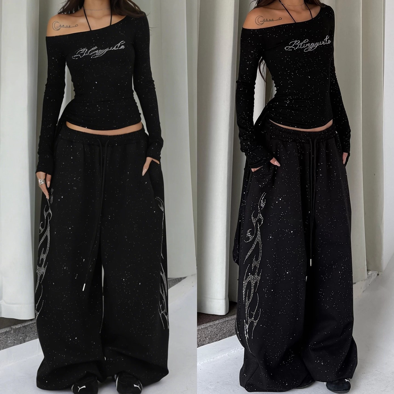 2026 American Hip-Hop Black Rhinestone Wide-Leg Pants for Women, Loose Shiny Sweatpants, Jazz Street Dance Sports Casual Pants for Women