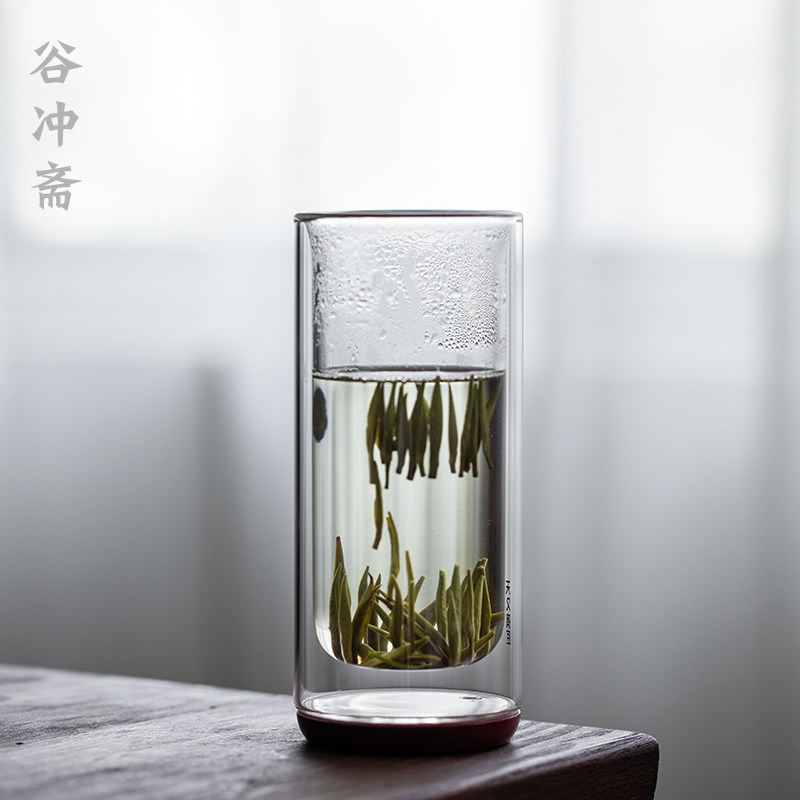 Haneda double-layer insulated wooden bottom glass water cup household transparent green tea cup tea cup creative milk juice cup