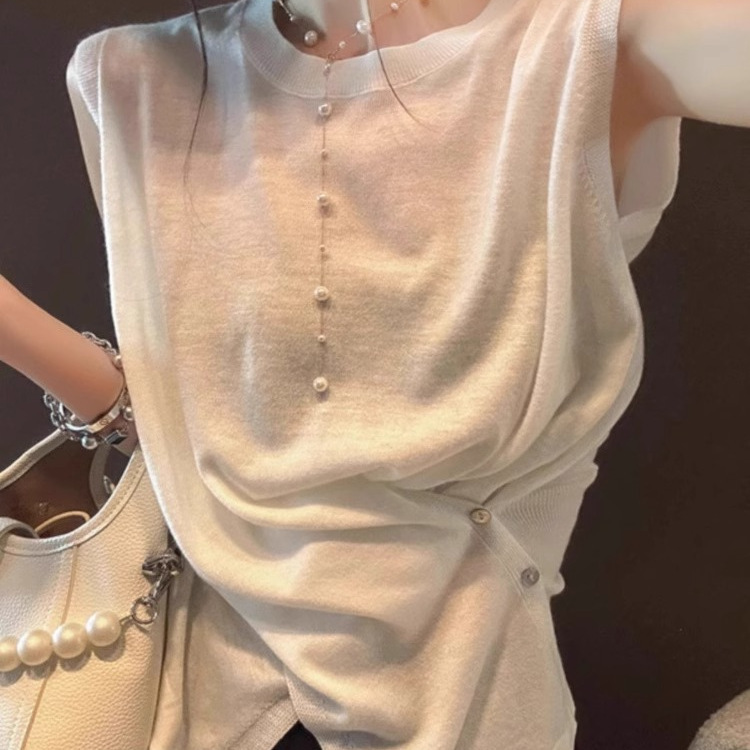 Korean Style Light Mature Style Sleeveless Round Neck Knitted Short-Sleeved Top Summer 2025 New Irregular Short Vest for Women