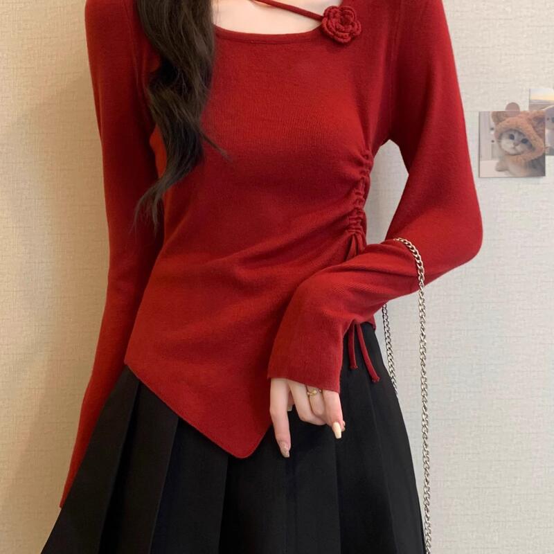 Three-Dimensional Floral Long-Sleeved Wool Knit Top for Women, New Spring, Autumn and Winter Style, Drawstring Waist, Slimming, Irregular Short Top