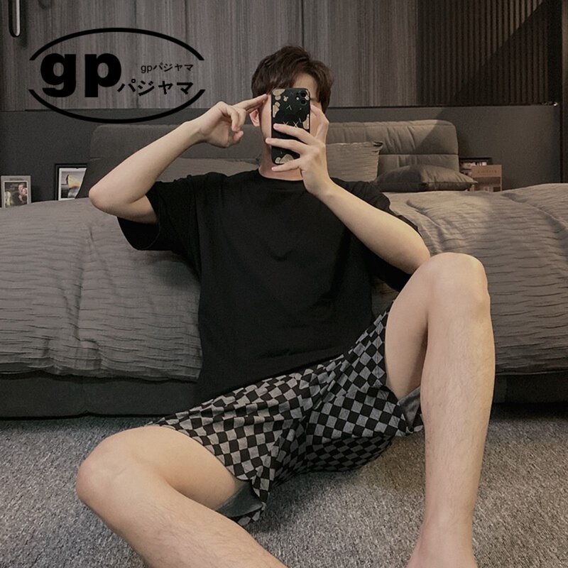 Japanese Niche Gp Pajamas for Men, Summer Pure Cotton Plaid Short-Sleeve Shorts Set, Round Neck, Large Size, Simple Loungewear