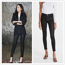 American Frame Denim Yang Mi with the same black high waist thin coating nine-point cow pants womens leather pants