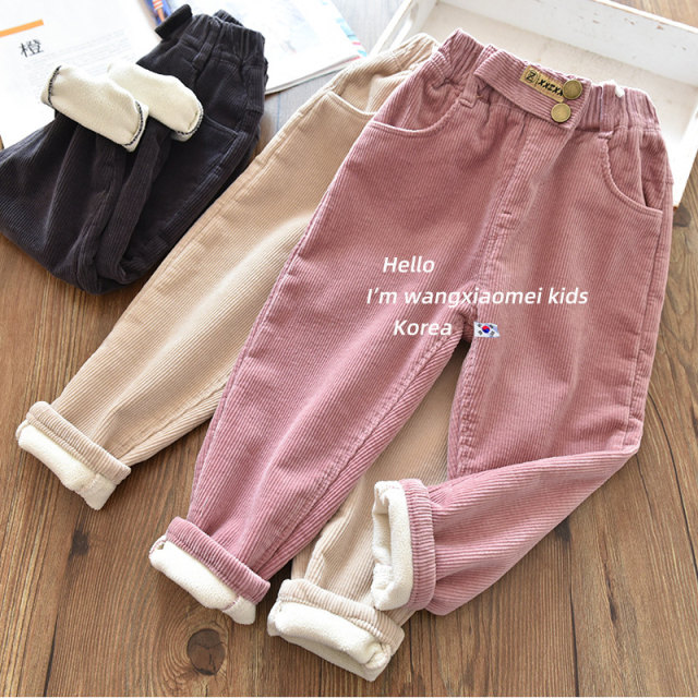 Girls' fleece pants autumn and winter outer wear corduroy baby thin fleece one-piece fleece thickened children's casual striped fleece pants